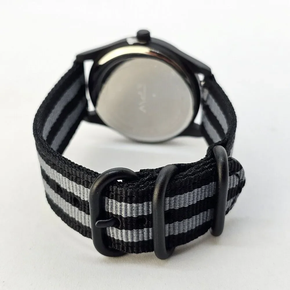 Men's Miltiary Field Watch 42MM Black Case Dial Black Gray Canvas Band‎ Straps
